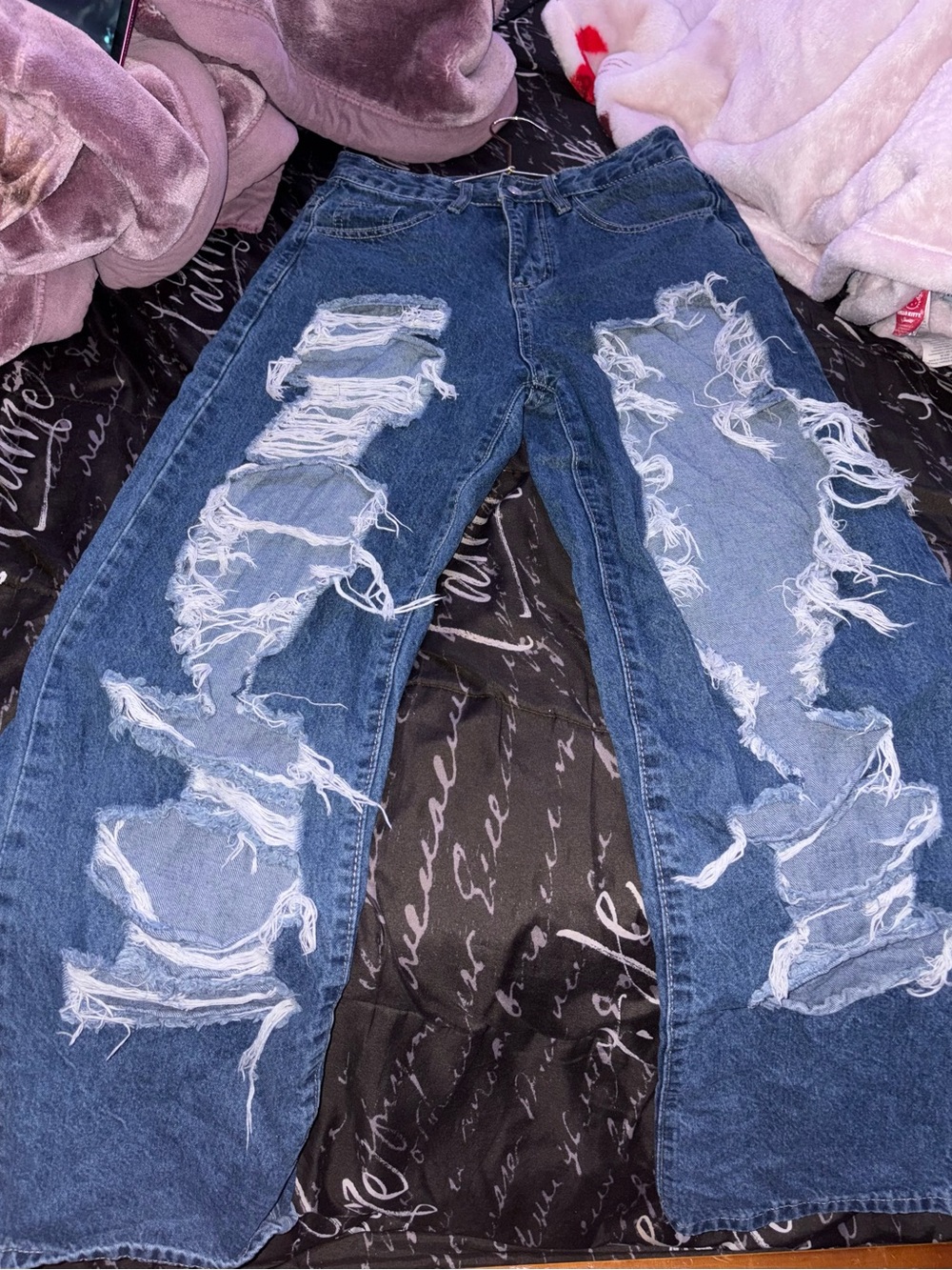 Ripped Wide-Leg Denim Jeans - Blue